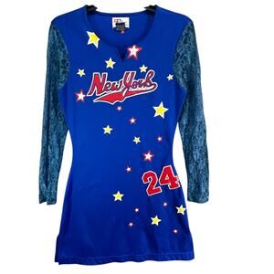 Vintage Raw Blue Jersey Dress L Blue New York Lace Sleeves Sporty Y2K Streetwear